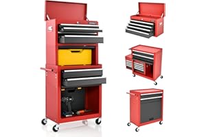 COSTWAY Servante d'Atelier à 6 Tiroirs avec Coffre Outils Amovible et Armoire de Rangement, Caisse à Outils Roulante Verrouillable Étagère Réglable Doublure EVA, pour Garage Atelier (Noir + Rouge)
