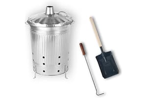 HEINGART Feuertonne 90 Liter verzinkt I Gartenabfall schnell und einfach entsorgen I Feuerfass aus Metall, Garten Verbrennungstonne Gartentonne Ofen Brennofen I Schürhaken I Kohleschaufel I Set