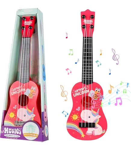 Falafoty Guitarra Infantil 26 cm Juguete de Guitarra Ukelele Instrumento Musical con 4 Cuerdas Ajustables, Ukelele Guitarra de Juguete Educativo Musical Regalo para Niños Niñas Principiante (Rosa 2