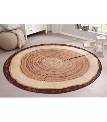 Paco Home Elegant Designervloerkleed Woonkamer Houtstam Boom-Look Natuurlijk Grijs/Bruin/Beige, Maat: 80 cm rondje