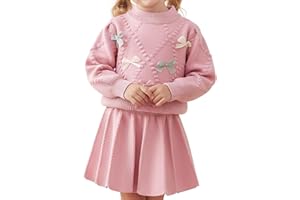 JiAmy Baby Girl Clothes Toddler Long Sleeve Knitted Bowknot Sweater Top Pleated Skirt Outfits Set Fall Winter Casual Dress for Girls 2-6 Years