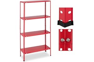 Relaxdays Étagère Charge Lourde, Max. 160 kg, 4 Niveaux, HxLxP:147,5x75,5x30,5 cm, Cave & Garage, Rangement métal, Rouge