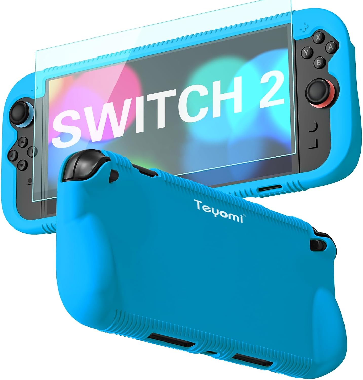 Teyomi Funda protectora de silicona compatible con Nintendo Switch 2, Carcasa para Nintendo Switch 2 con protector de pantalla de vidrio templado, Estuche con agarre ergonómico (Azul)