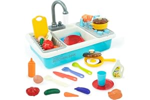 FORROBY Küchenspüle Spielzeug,Küchenspüle Spielzeug Set mit Wasserkreislauf und Grillfunktion, Spülbecken für Kinder mit Geschirrkorb und Essensspielzeug, für Kinder ab 3 Jahren