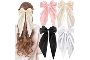 JUNEBRUSHS 4Pcs Big Hair Bows, Hair Bows Women Hair Barrettes Metal Clips Silky Satin Hair Ribbon Solid Color Ribbon Bows with Long Tail for Hairstyle Birthday Holiday Gifts