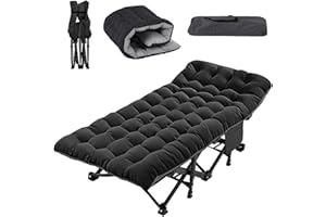 ZIKEBTUY Sunloungers Folding Bed 198 x 81 x 46 CM Sun lounger Folding Guest Bed Single with Mattress Side-Pocket and Adjustable Backrest, for Spare Temporary Office Nap Patio (Black XL)