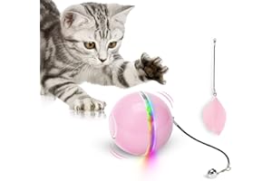 WWVVPET Bola de Juguete de Gato interactiva con luz LED y Hierba gatera, Campana de Anillo y Juguete de Plumas de Mascotas, Juguete de Bola de Gato Inteligente giratoria, USB Recargable
