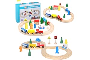 Cylora Juego de Tren de Madera para Niños, 33 Pcs Trenes de Juguetes para Niños con Pistas de Madera, Tema Urbano, para Thomas, Brio, Intercambiable y Expandible, Regalos para 3 4 5 6 7 8 años