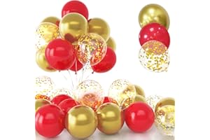 YOYOIN 30 Piezas Globos Rojos y Dorados, 12 Pulgadas Dorados Cromado Metalizados Confeti Globos, Latex Helio Rojo y Dorado Globos con Cinta para Cumpleaños Boda Niños Baby Shower Fiesta Decoración