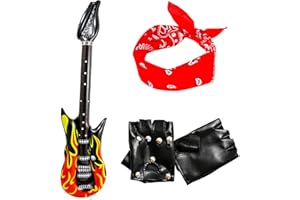 UNVOJL 3 Pieces Punk Rocker Party Kit Inflatable Guitar Punk Gloves Red Cotton Paisley Bandana Scarf Headband for Rock Punk Disco Halloween Costume Accessories