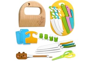Kindermesser 21- teiliges Kinder Sicherheit Küchenmesser für echtes Kochen und Schneiden mit Krokodil Holzmesser, Schneidebrett, Kinder Küchenspielzeug für Lernen & Spielen Montessori Messer
