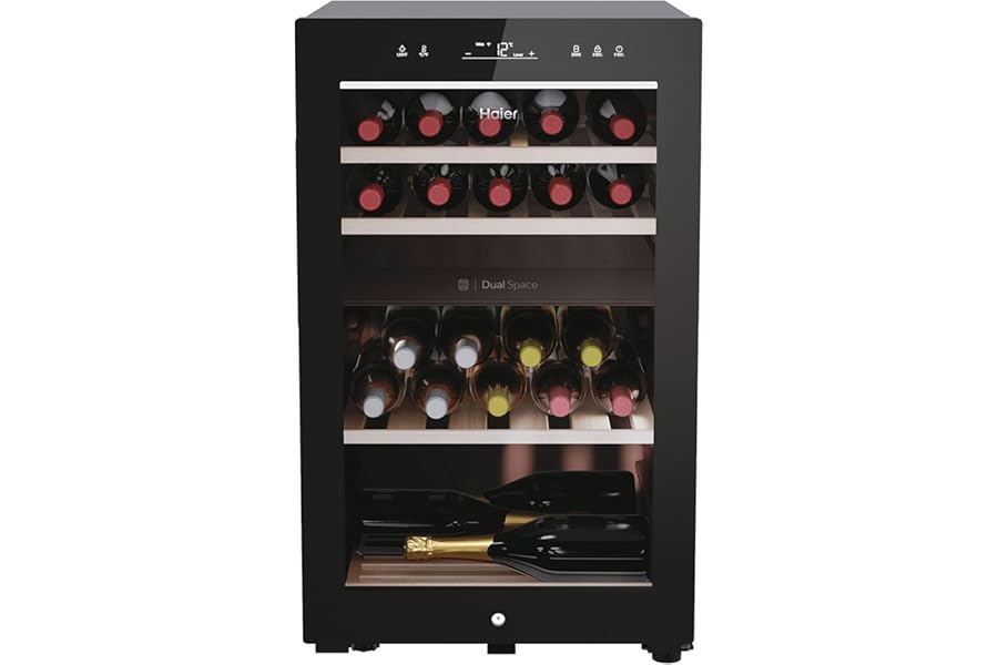 Haier Wine Bank 50 Series 7 Double Temperature Wine Cooler, 42 Bottles, Anti-UV Glass, 3D LED, App Control, Freestanding, Class G, 49.8 x 58.5 x 82 cm, Black - HWS42GDAU1