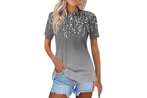 DIYIOUZHOU 2025 Trendy Polo Shirts for Women UK Casual Golf Button Short Sleeve Floral Print Lapel Top Cozy Lady Golf Tops