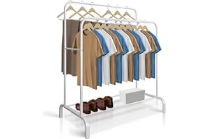 JUPPLIES Burro Ropa Resistente – Perchero Burro Doble con Soporte, 146x110x54cm, Metálico, Organizador de Ropa con Zapatero, Colgador para Vestidor y Dormitorio (Blanco)