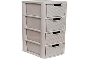 ALEEZ - Large Plastic Drawer Storage Unit - Rattan Effect 4 Drawer Cabinet - Multipurpose Storage Organiser - Office, Tabletop Desktop Drawer - Bedroom Chest Drawer Unit - (Mushroom, 4 Drawer)