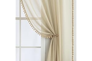MIULEE Tende Camera da Letto con PON PON, 2 Pezzi Beige Corallo Tende per Finestre Soggiorno (2X L 140 x A 225cm), Trasparenti Tende con Anelli, Tende Cameretta Bambini con Pompon, Tende Interni Casa