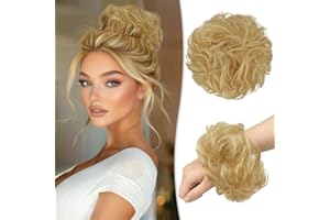 RUWISS Moños Postizos 100% Pelo Humano Postizos de Pelo Rizado Ondulado Extensiones de Cabello Real Moño de Pelo Desordenado Postizos para Mujer(Rubio Dorado)