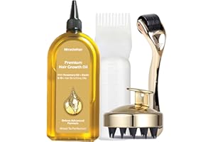 MIRACLEHAIR Hair Growth Oil XL 170ml + Derma & Massager & Bottle - Rosemary, Biotin, Jojoba, Castor, Coffee, Argan, Ginger & Tea Tree Oil - Hair Growth & Thickening & Loss Prevention - UK Based Brand