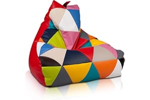 Ecopuf - Pouf Poltrona PATCHWORK Ecopelle KEIKO Taglia M - Puff Poltrona Base Rossa da Interno/Esterno - Pouf Sacco Antistrappo Antimacchia - Poltrona Patchwork Imbottitura Polistirolo e Maniglia