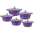 Durane Die-Cast Stockpot with Lid 5Pcs Set of Pots for Cooking Non-Stick Cooking Pot Casserole Set Glass Lid with Steam Vent Induction Casserole pan (Purple)