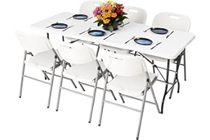 NOVECRAFTO 6ft Folding Table and Folding Chair Set - Foldable Camping Table and White Chair HDPE Plastic and Steel Frame, Easy to Fold and Store for Events Indoor Outdoor Use for All Occasions