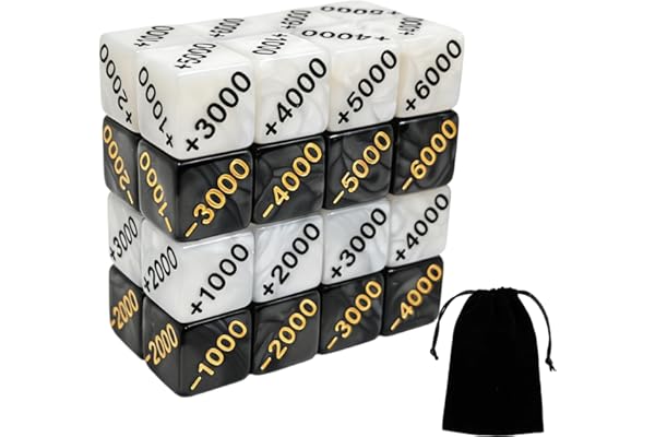 32-delat Power Counter tärningsset, 16 positiva (+1 000 till +6 000) & 16 negativa (-1000 till -6000), premium svart-vit marmor finish, kompatibel med One Piece TCG, MTG och alla kortspel