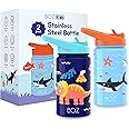 BOZ Kids Insulated Water Bottle with Straw Lid - Two-Pack Bundle, Shark/Dinosaur Stainless Steel Vacuum Double Wall Water Cup, 14 oz (414ml). Scratch-Resistant, Carry Handle, and Dishwasher-Safe