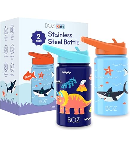 Bottiglie D'Acqua Bambini BOZ Confezione Da 2 - Design Auto E Costruzioni, Cannuccia Pop-Up 14oz - Foto 6