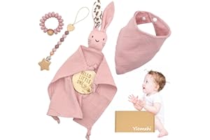 Yiomxhi Spersonalizowany zestaw prezentowy dla chłopca i dziewczynki Baby Gift Set zawiera 100% bawełnianą przytulankę, pierścień na zęby, śliniak, klips do smoczka i karty kroków dla niemowląt,