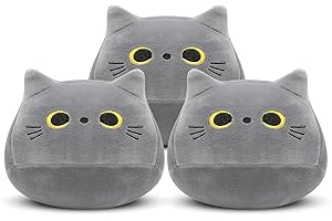 Yamepuia 3Pcs Gray Cat Plush Toy, Kawaii Cat Stuffed Animal Pillow, Cute Mini Cat Plushies, Soft Cat Pillows Cat Shape Design Lumbar Back Cushion Decoration