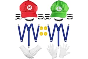 ZORTORZ Cosplay Kostüm Zubehör,Kostüm Set mit 2 Kappen,14 Schnurrbärten,2 Paar Handschuhen,2 Elastische Hosenträger,4 Knöpfe,Kostüm Rollenspiel Party Set für Weihnacht Dekoration,Cosplay…