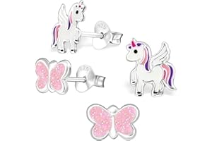 GOLDENE HUFEISEN 2 paire set fille enfant boucles d'oreilles papillon licorne 925 argent