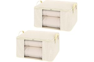 Ziyonix 2 Pezzi Scatole per Vestiti, Contenitori Organizer Armadio per Piumoni, Scatola trasloco, Buste Pieghevole per Indumenti Coperte Biancheria da Letto 60 x 40 x 30 cm (Strisce Beige)