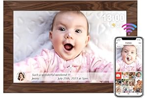 UCMDA Cadre Photo Numérique 10.1 Pouces WiFi - IPS Écran Tactile Smart Cloud Cadre Photo Connecté avec 16Go Espace, Partagez des Photos Via Frameo APP, Auto-Rotation, Montage Mural, Bois