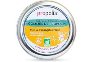 PROPOLIA - Bio - Gommes de Propolis, Miel & Eucalyptus - Apaise la gorge, dégage le nez et rafraîchit l’haleine - Complément alimentaire - 100% naturel - Sans sucre - Fabriqué en France - 45 g