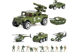 SINGER'S TOY 18 Pack Die-cast Military Vehicles Sets - 6 Pack Assorted Alloy Metal Models - 12 Pack Soldier Army Men, Mini Army Toy Tank, Panzer, Anti-Air Vehicle, Helicopter Playset for Boys
