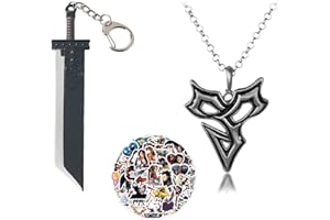 JinYu Cloud Buster Sword - Portachiavi in metallo e FFX Tidus, collana con ciondolo e 10 adesivi, idea regalo, Zinco