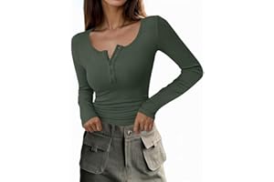 Cicy Bell Damen V Ausschnitt Langarm Oberteile T-Shirts Knopf Gerippte Strick Langarmshirt Slim Fit Basic Henley Tunika Shirts Herbst Winter Oberteile