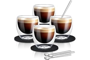 Cieex Ensemble Tasse Double Paroi 4pcs Tasse a Cafe Double Paroi avec Cuillères et Dessous de Verre en Feutre (80ml)
