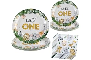 hpnparty Wild One Geburtstag Deko Partygeschirr Set für 25 Gäste,75pcs geburtstag deko party kindergeburtstag Junge Mädchen 1 Jahr Safari Dschungel Party 1 Geburtstag Papier Teller Servietten