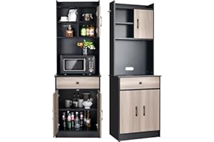 GIANTEX Armadio da Cucina Alto 180 cm, Credenza Alta da Cucina Multiuso, Mobile Buffet con Cassetto e Ripiani Regolabili, Mobiletto Cucina Salvaspazio Credenza, 60x40x180 cm, 2 Colori (Nero)
