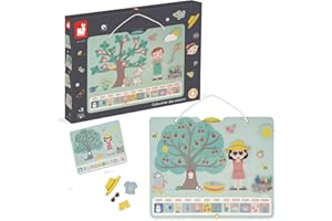 Janod - Calendario delle Stagioni - Calendario Educativo in Legno per Bambini 42 x 32 cm - Magnetico - 125 Magneti - Tempo e Stagioni - Versione Inglese - Dai 3 Anni, J05464