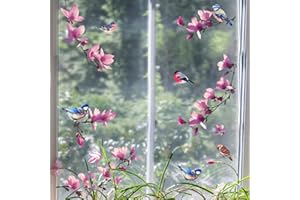HaoFuJi Pegatinas de Ventana Anticolisión Adhesivas, Rosa Flores Aves Vinilo para Ventanas, Verano Primavera Pegatinas para Ventana Adhesivos de Ventana para Salón Dormitorio