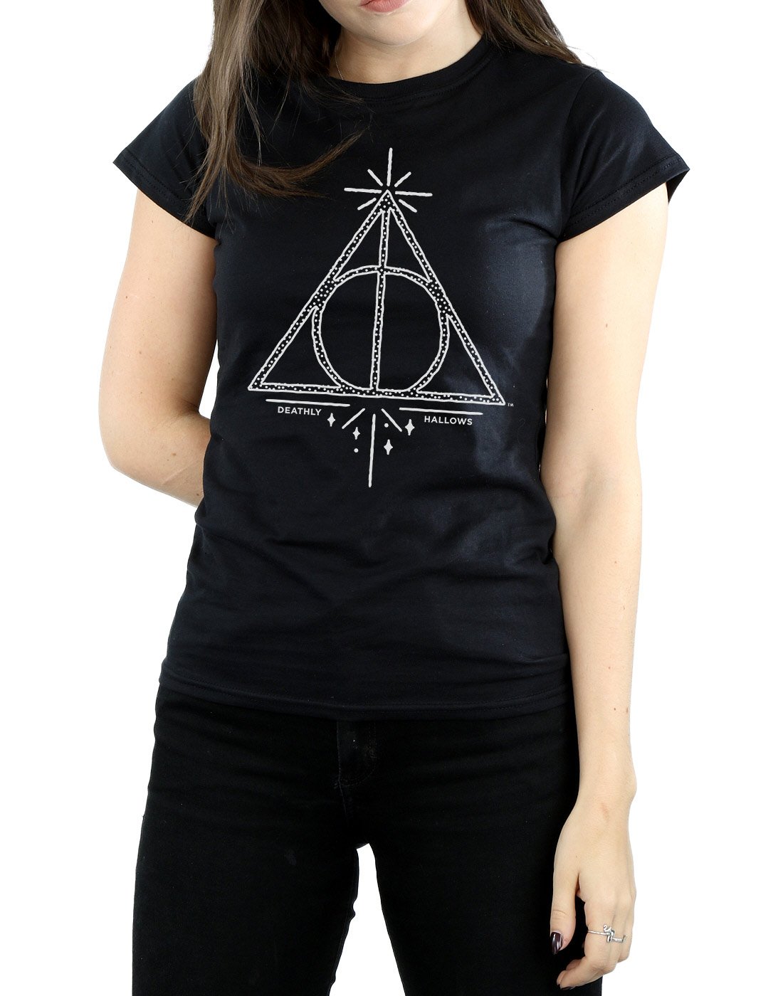 HARRY-POTTER-Damen-Deathly-Hallows-Symbol-T-Shirt-Large-Schwarz