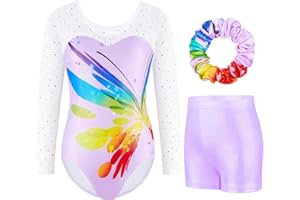 Boteria Gymnastics Leotards for Girls with Shorts Set,Long Sleeveless Dance Leotard Sparkle Dancewear for Kids 3-13 Years