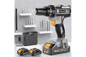 LEEIKOO Cordless Drill, Power Drill 21V, Combi Drill Set 42N.m with 2 Batteries 2.0Ah, 10mm Chuck, 2 Speeds, 18+1 Torque, LED Light, 14pcs Drill Set for Garden DIY Project, Grey