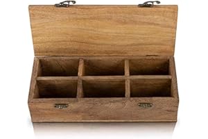 THE GREAT INDIAN BAZAAR Wooden Tea Box Storage Chest Organizer Container Holder Rack with 6 Storage Compartments for Assorted Variety of Loose Tea Spices & Herbs Natural Eco Friendly Vintage Rustic Decorative Box
