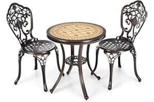 TANGZON 3 Pieces Patio Bistro Set, Outdoor Cast Aluminum Round Dining Table and 2 Chairs with Hollowed Seat, Garden Dining Furniture Set for Balcony Backyard Poolside Lawn