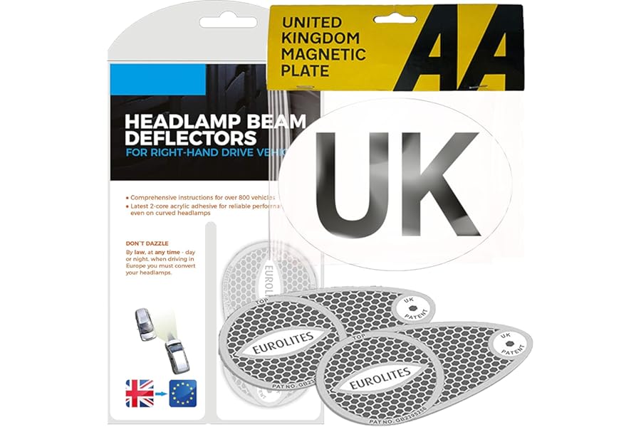 Xtremeauto Eurolites Deflectors Headlight Deflectors For Europe Beam Benders & AA Magnetic UK Sticker Plate - Headlamp Beam Deflectors For Europe - Cars, Trucks, Vehicles Caravan Travelling To Europe