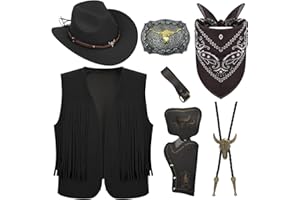 Saier tbo Cowboy Costume Accessoires pour Hommes, Western Cowboy Fancy Dress Set avec Chapeau Gilet à Pompons Bandana à Boucle Bolo Ceinture Holsters pour Carnaval Cosplay Fantaisie